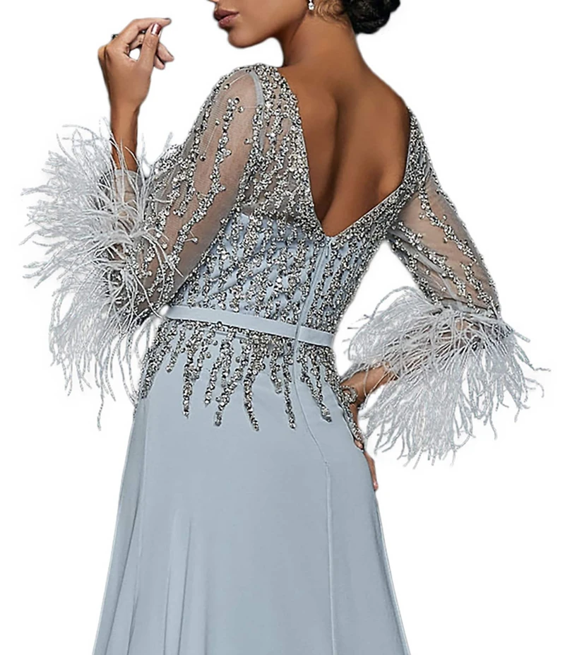 Terani Couture Cascade Beaded Boat Neck Feather Cuff Sleeve Belted A-Line Gown