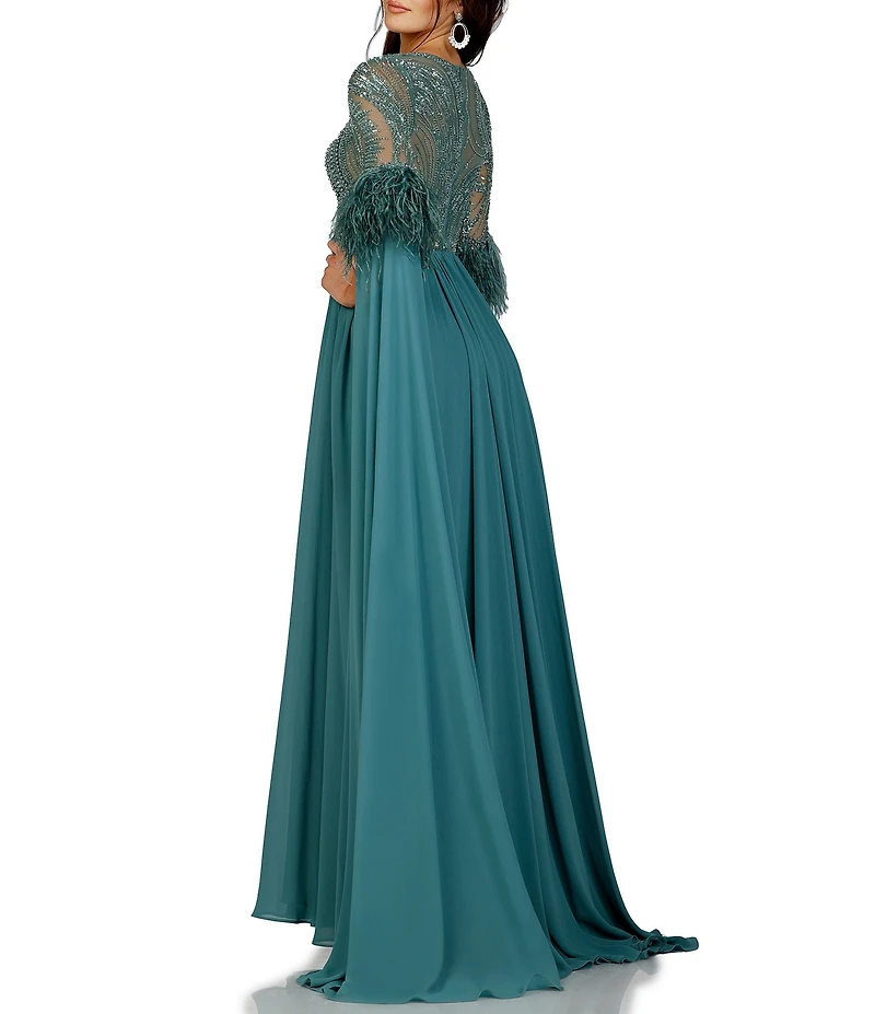 Terani Couture Beaded Bodice Long Draped 3/4 Sleeve Feather Trim Gown