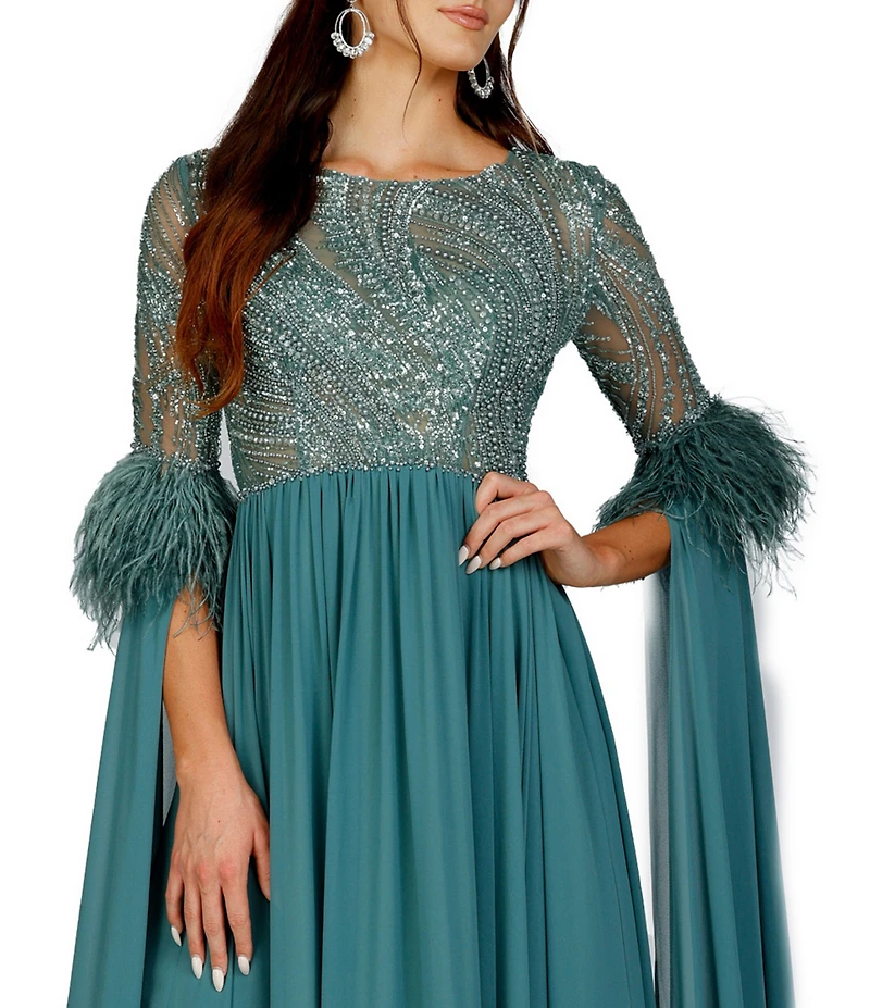 Terani Couture Beaded Bodice Long Draped 3/4 Sleeve Feather Trim Gown