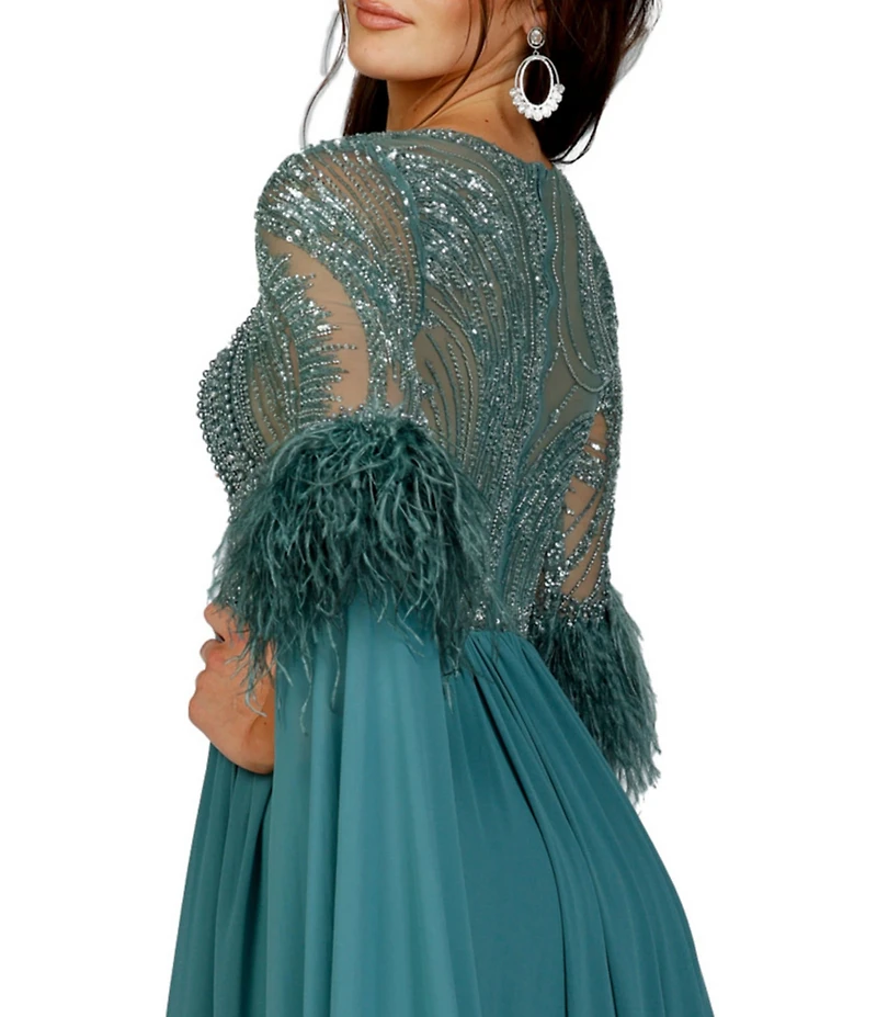 Terani Couture Beaded Bodice Long Draped 3/4 Sleeve Feather Trim Gown
