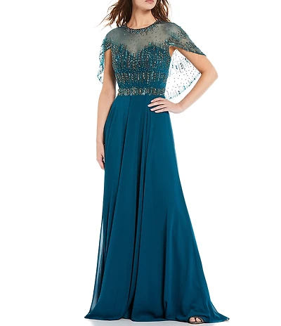 Terani Couture Beaded Short Capelet Bodice Illusion Crew Neck Chiffon Gown