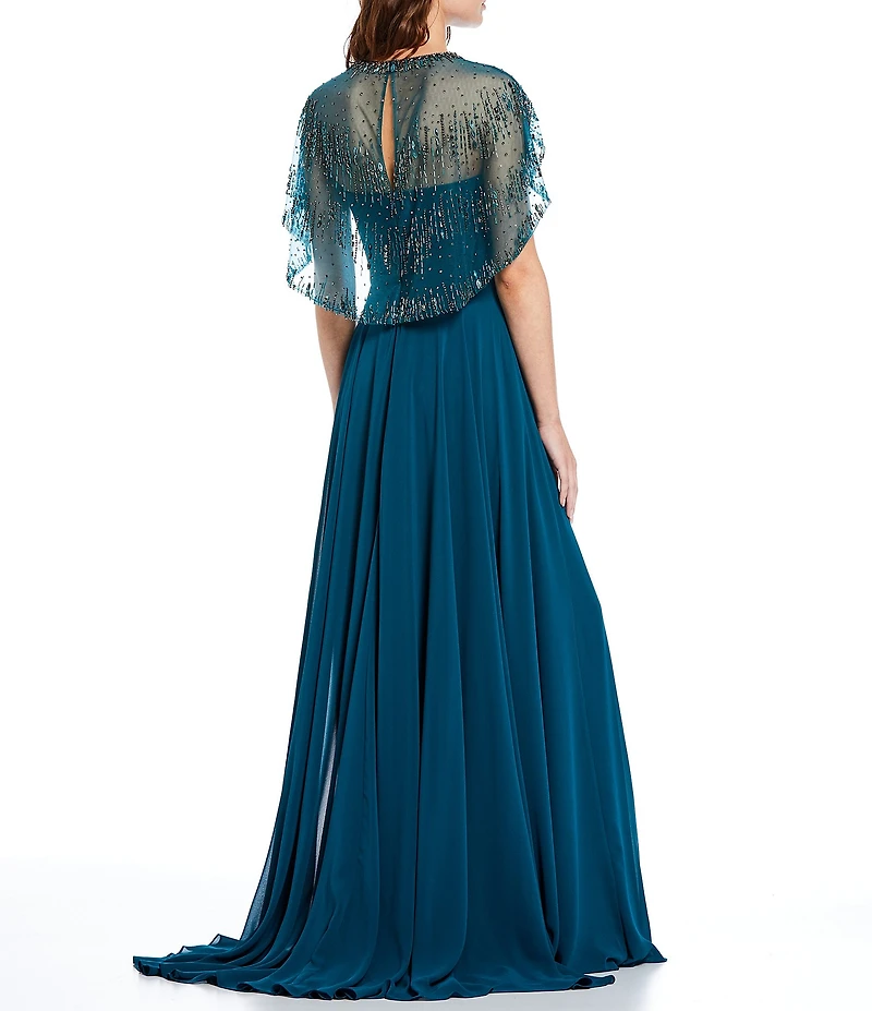 Terani Couture Beaded Short Capelet Bodice Illusion Crew Neck Chiffon Gown