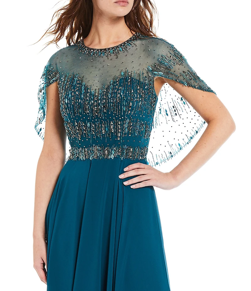 Terani Couture Beaded Short Capelet Bodice Illusion Crew Neck Chiffon Gown