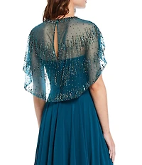 Terani Couture Beaded Short Capelet Bodice Illusion Crew Neck Chiffon Gown