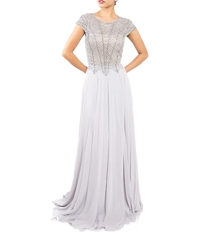 Terani Couture Beaded Chiffon Round Neck Cap Sleeves Lace Bodice A-Line Gown