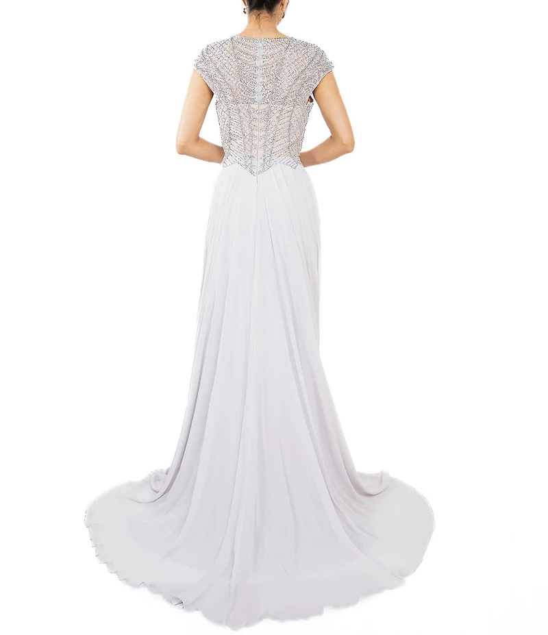Terani Couture Beaded Chiffon Round Neck Cap Sleeves Lace Bodice A-Line Gown