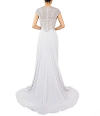 Terani Couture Beaded Chiffon Round Neck Cap Sleeves Lace Bodice A-Line Gown