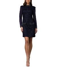 Terani Couture Beaded Mock Neck Long Illusion Sleeve Tweed Sheath Dress
