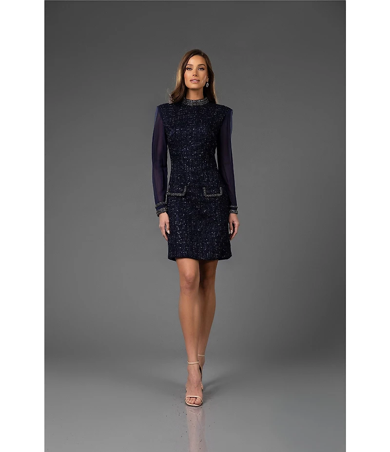 Terani Couture Beaded Mock Neck Long Illusion Sleeve Tweed Sheath Dress