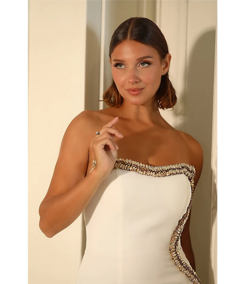 Terani Couture Beaded Trim Strapless Crepe Sheath Midi Dress