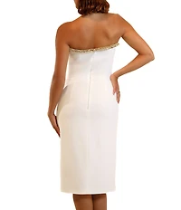 Terani Couture Beaded Trim Strapless Crepe Sheath Knee Length Dress