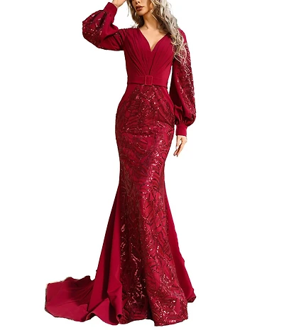 Terani Couture Belted V-Neck Long Bishop Sleeves Sequined Two Way Stretch Satin Mermaid Gown