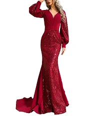 Terani Couture Belted V-Neck Long Bishop Sleeves Sequined Two Way Stretch Satin Mermaid Gown