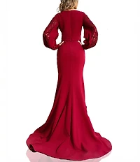 Terani Couture Belted V-Neck Long Bishop Sleeves Sequined Two Way Stretch Satin Mermaid Gown