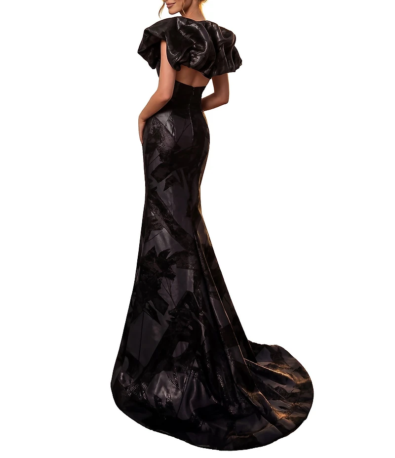 Terani Couture Brocade Column Gown With Deep V Neckline