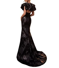 Terani Couture Brocade Column Gown With Deep V Neckline