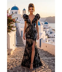 Terani Couture Brocade Column Gown With Deep V Neckline