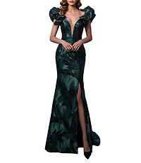 Terani Couture Brocade Column Gown With Deep V Neckline