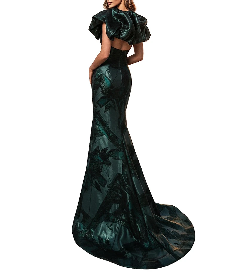 Terani Couture Brocade Column Gown With Deep V Neckline
