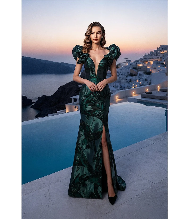Terani Couture Brocade Column Gown With Deep V Neckline