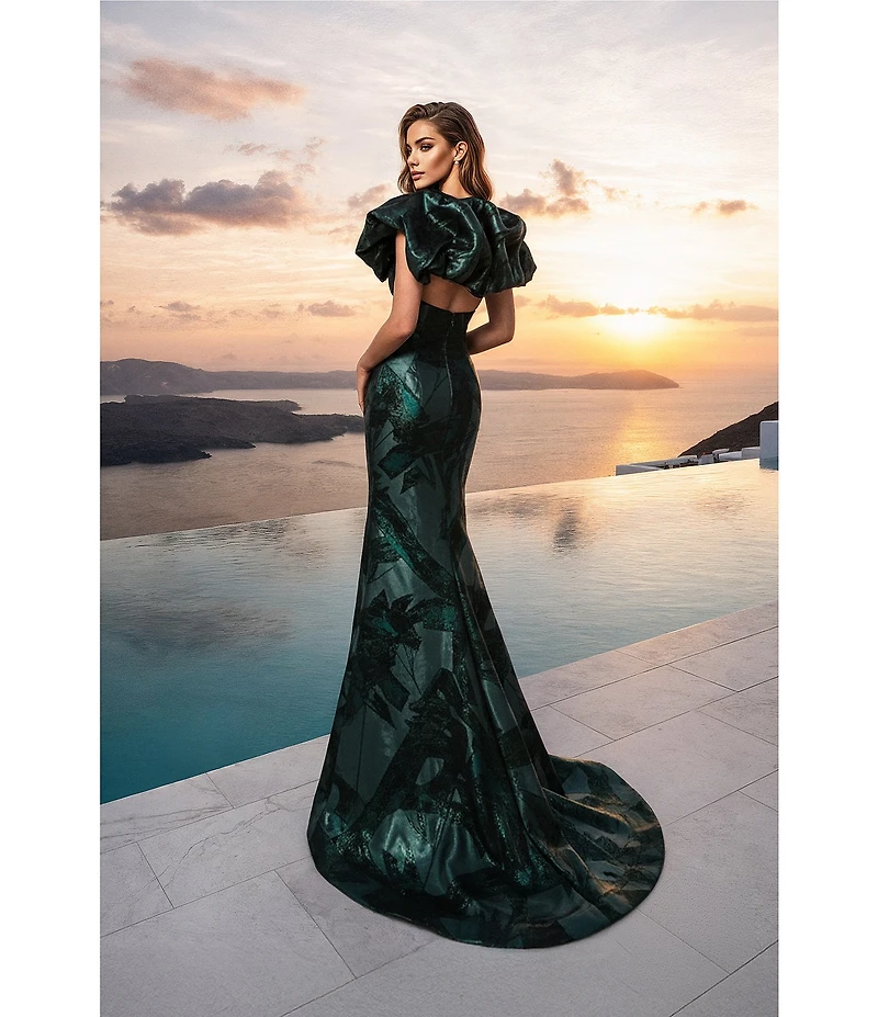Terani Couture Brocade Column Gown With Deep V Neckline