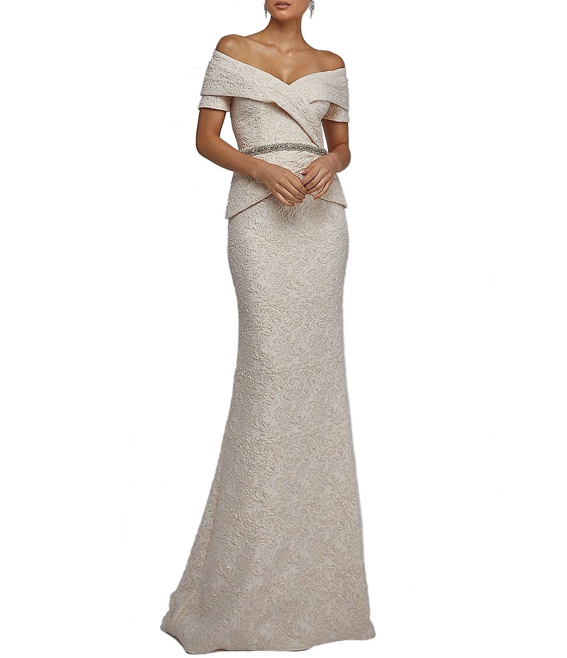 Terani Couture Brocade Off-the-Shoulder Short Sleeve Beaded Waist Mermaid Gown