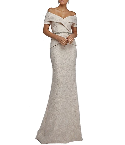 Terani Couture Brocade Off-the-Shoulder Short Sleeve Beaded Waist Mermaid Gown