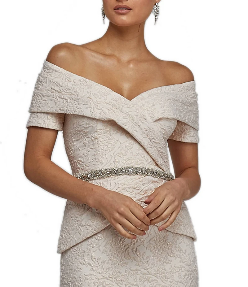 Terani Couture Brocade Off-the-Shoulder Short Sleeve Beaded Waist Mermaid Gown