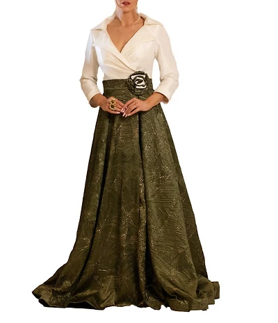 Terani Couture Brocade Portrait Collar 3/4 Sleeve Two Tone Belted Ball Gown