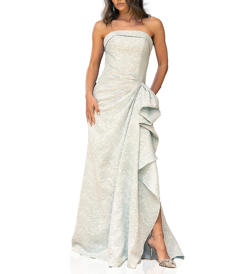 Terani Couture Brocade Strapless Sleeveless Gathered Side Ruffle Gown