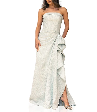 Terani Couture Brocade Strapless Sleeveless Gathered Side Ruffle Gown