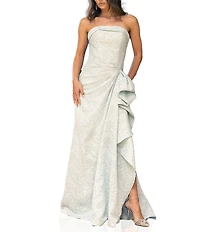 Terani Couture Brocade Strapless Sleeveless Gathered Side Ruffle Gown