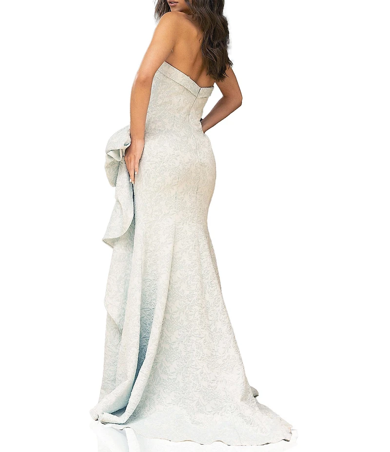 Terani Couture Brocade Strapless Sleeveless Gathered Side Ruffle Gown