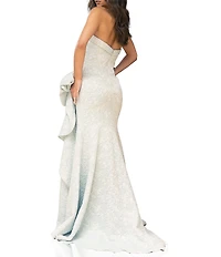 Terani Couture Brocade Strapless Sleeveless Gathered Side Ruffle Gown