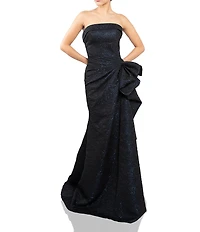 Terani Couture Brocade Strapless Sleeveless Gathered Side Ruffle Gown