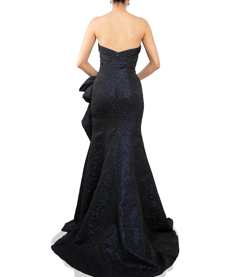 Terani Couture Brocade Strapless Sleeveless Gathered Side Ruffle Gown