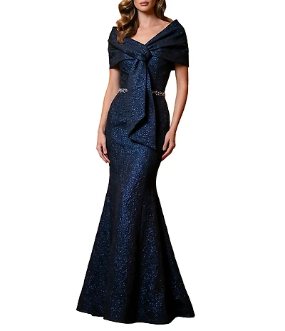 Terani Couture Brocade Twisted Short Sleeve Beaded Waist Mermaid Gown