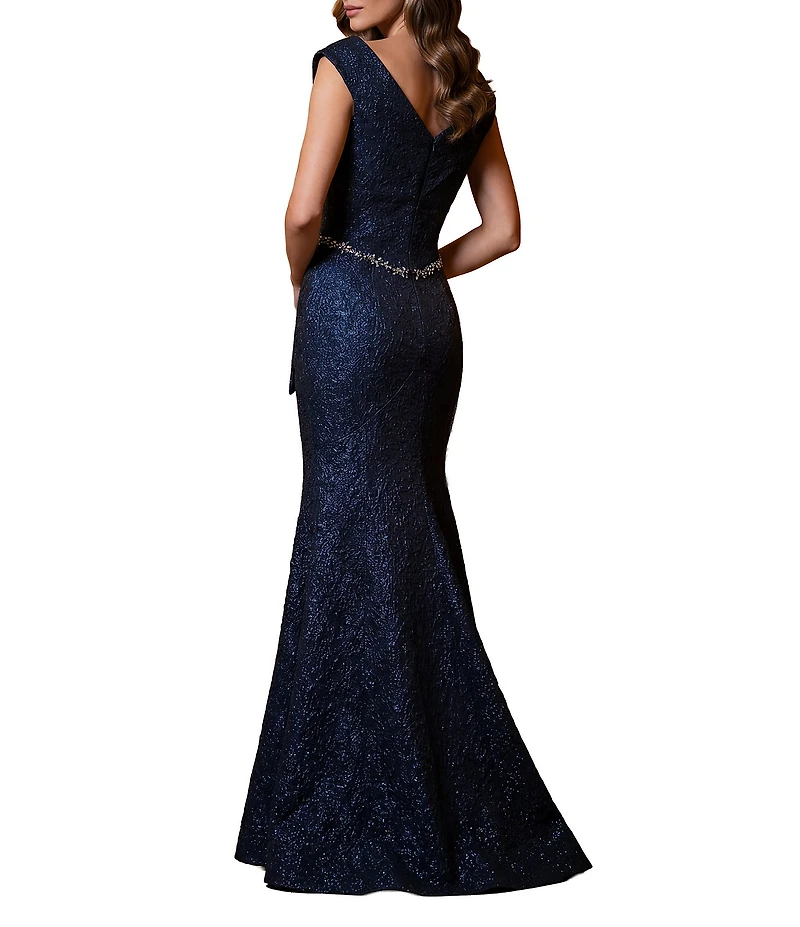 Terani Couture Brocade Twisted Short Sleeve Beaded Waist Mermaid Gown