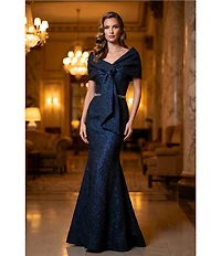 Terani Couture Brocade Twisted Short Sleeve Beaded Waist Mermaid Gown