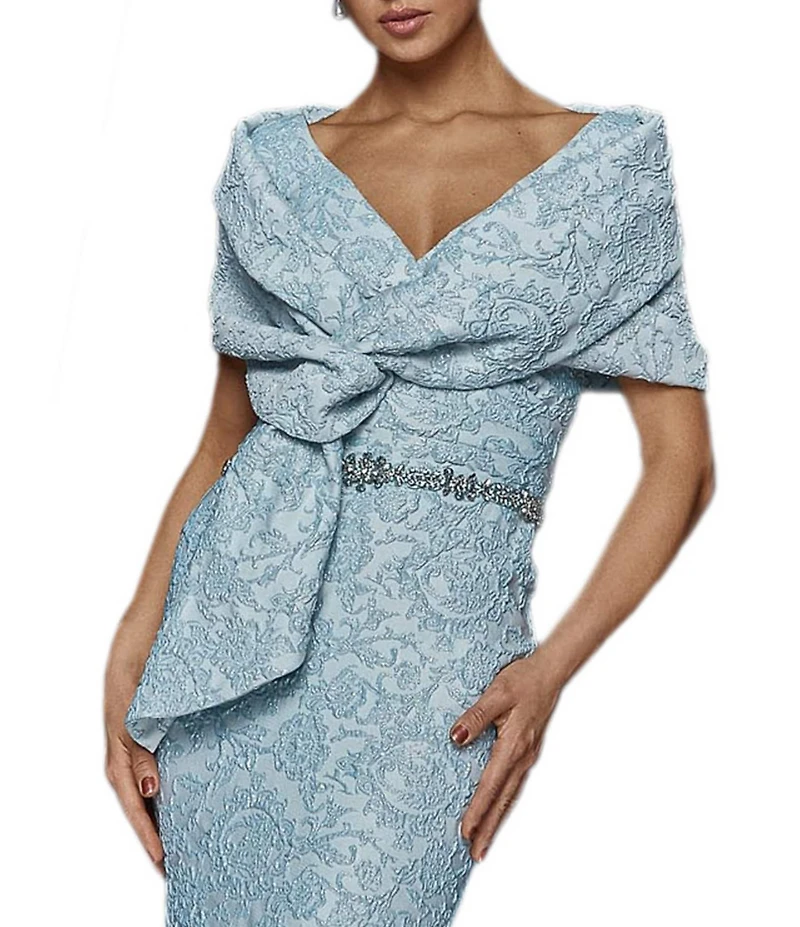 Terani Couture Brocade Twisted Short Sleeve Beaded Waist Mermaid Gown