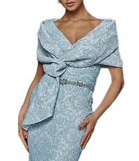 Terani Couture Brocade Twisted Short Sleeve Beaded Waist Mermaid Gown