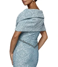 Terani Couture Brocade Twisted Short Sleeve Beaded Waist Mermaid Gown