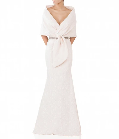 Terani Couture Brocade Twisted Short Sleeve Beaded Waist Mermaid Gown