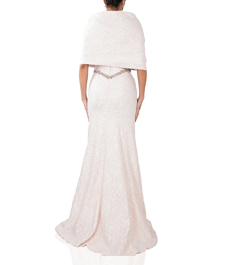 Terani Couture Brocade Twisted Short Sleeve Beaded Waist Mermaid Gown