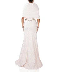 Terani Couture Brocade Twisted Short Sleeve Beaded Waist Mermaid Gown