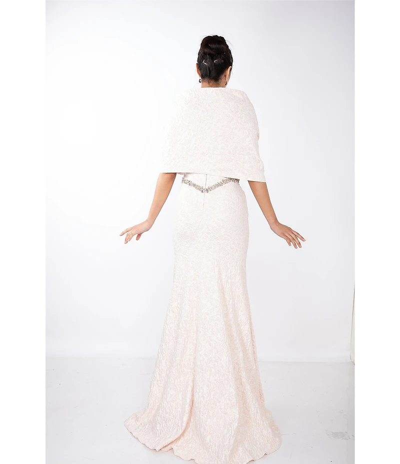 Terani Couture Brocade Twisted Short Sleeve Beaded Waist Mermaid Gown
