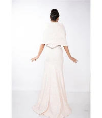 Terani Couture Brocade Twisted Short Sleeve Beaded Waist Mermaid Gown