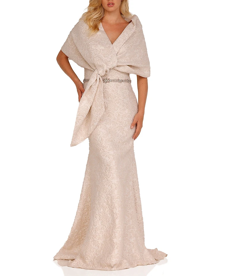 Terani Couture Brocade Twisted Short Sleeve Beaded Waist Mermaid Gown