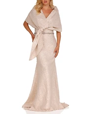 Terani Couture Brocade Twisted Short Sleeve Beaded Waist Mermaid Gown