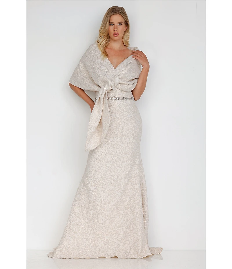 Terani Couture Brocade Twisted Short Sleeve Beaded Waist Mermaid Gown